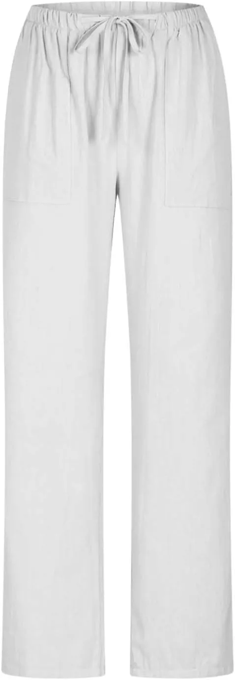 Women's Cotton Linen Straight Leg Pants Summer Casual Drawstring Pant Pockets Beach Vacation Trousers Comfy Clothing