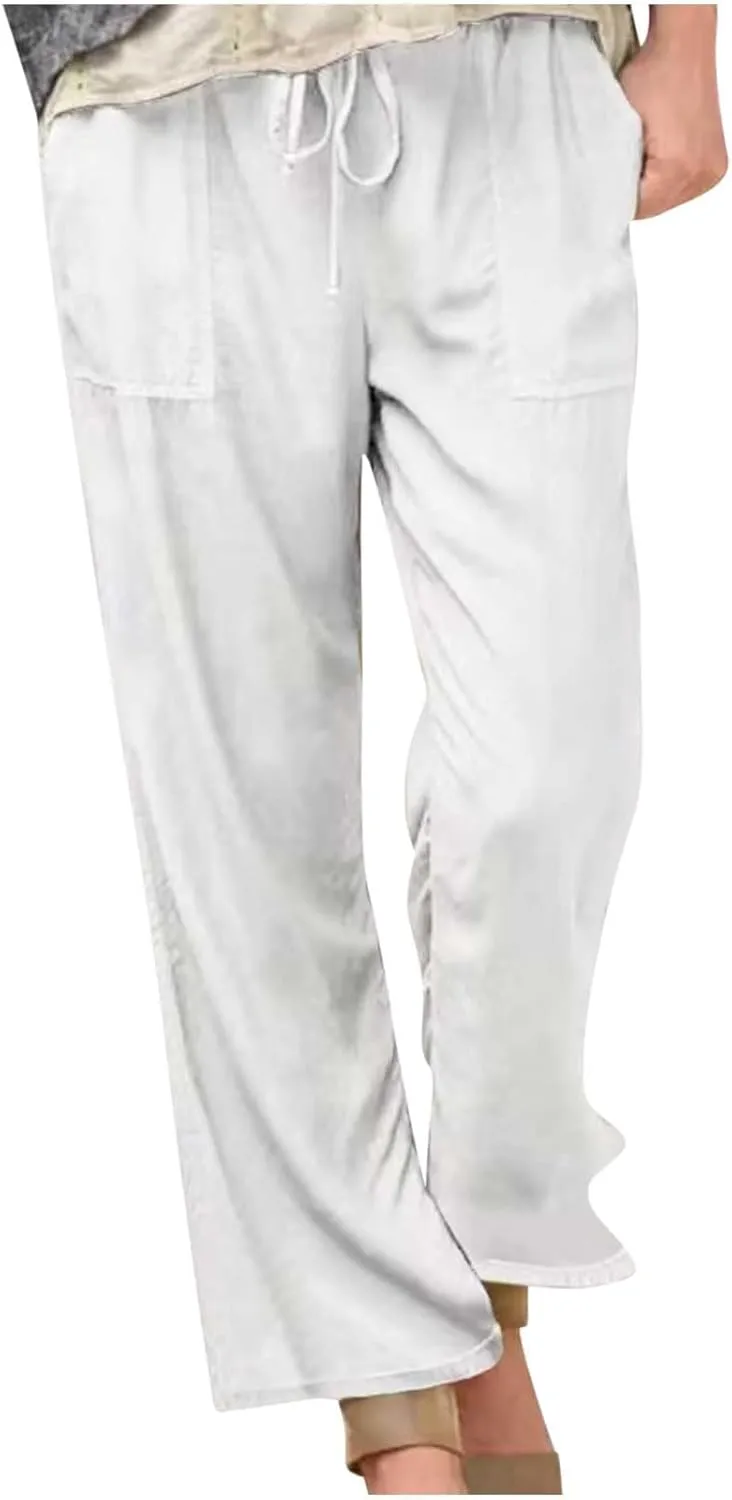 Women's Cotton Linen Straight Leg Pants Summer Casual Drawstring Pant Pockets Beach Vacation Trousers Comfy Clothing