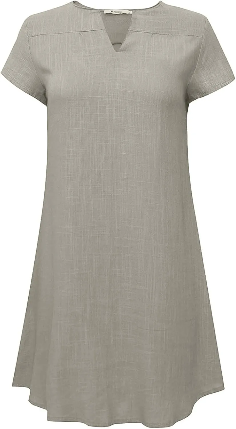 Womens Cotton Linen T Shirt Dress Summer Casual Short Sleeve V Neck Beach A-Line Dress Plus Size Flowy Mini Dresses