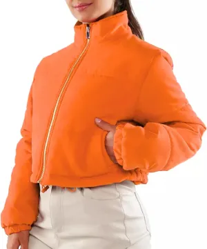 Women's Crop Puffer Jacket Long Sleeve Puffy Coat Stand Collar Zip UP Quilted Padded Drawstring Outwear with Pockets