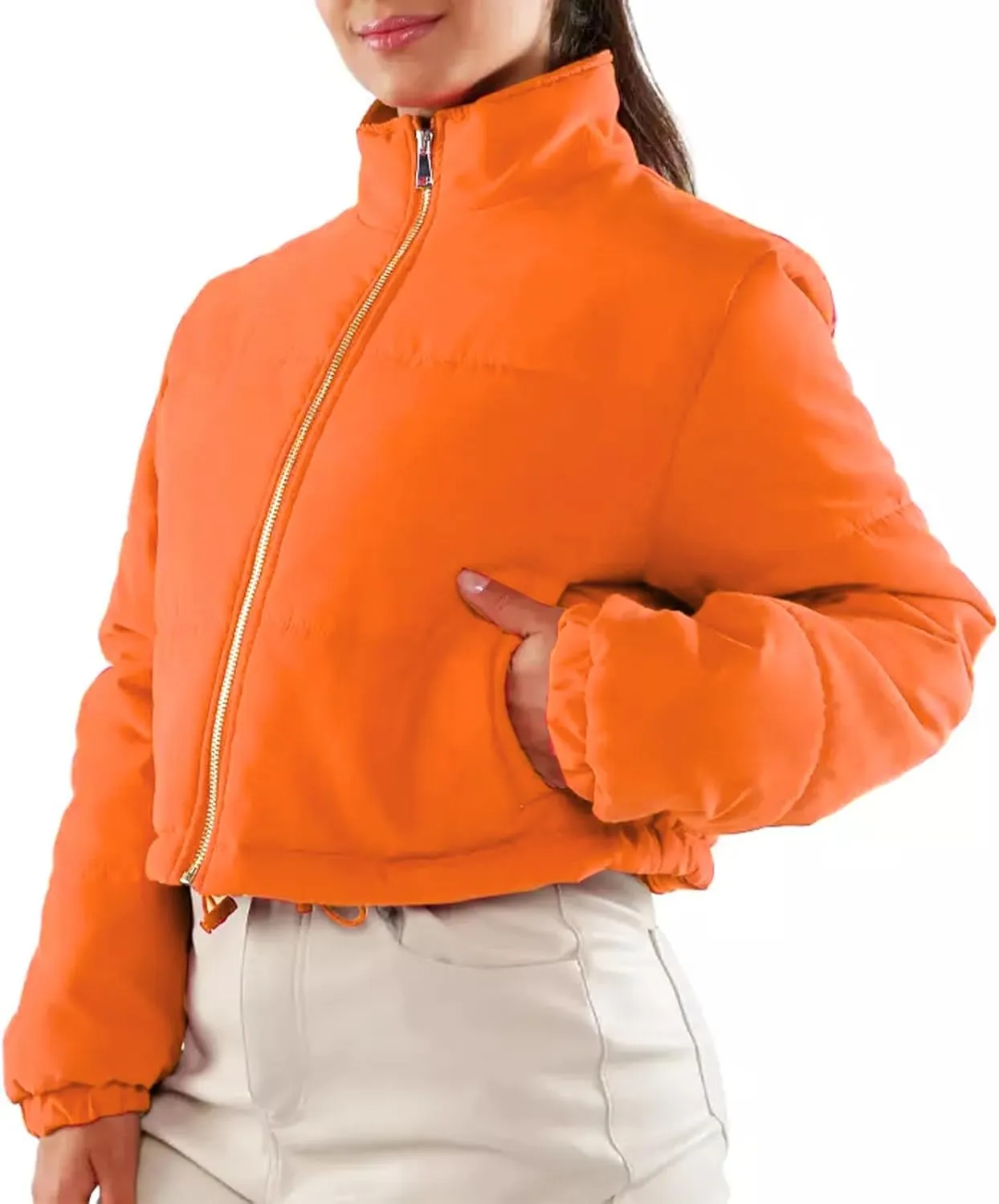 Women's Crop Puffer Jacket Long Sleeve Puffy Coat Stand Collar Zip UP Quilted Padded Drawstring Outwear with Pockets