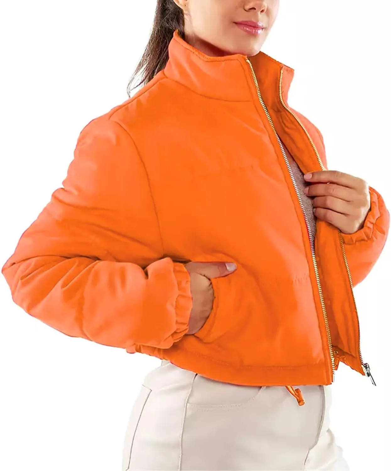 Women's Crop Puffer Jacket Long Sleeve Puffy Coat Stand Collar Zip UP Quilted Padded Drawstring Outwear with Pockets
