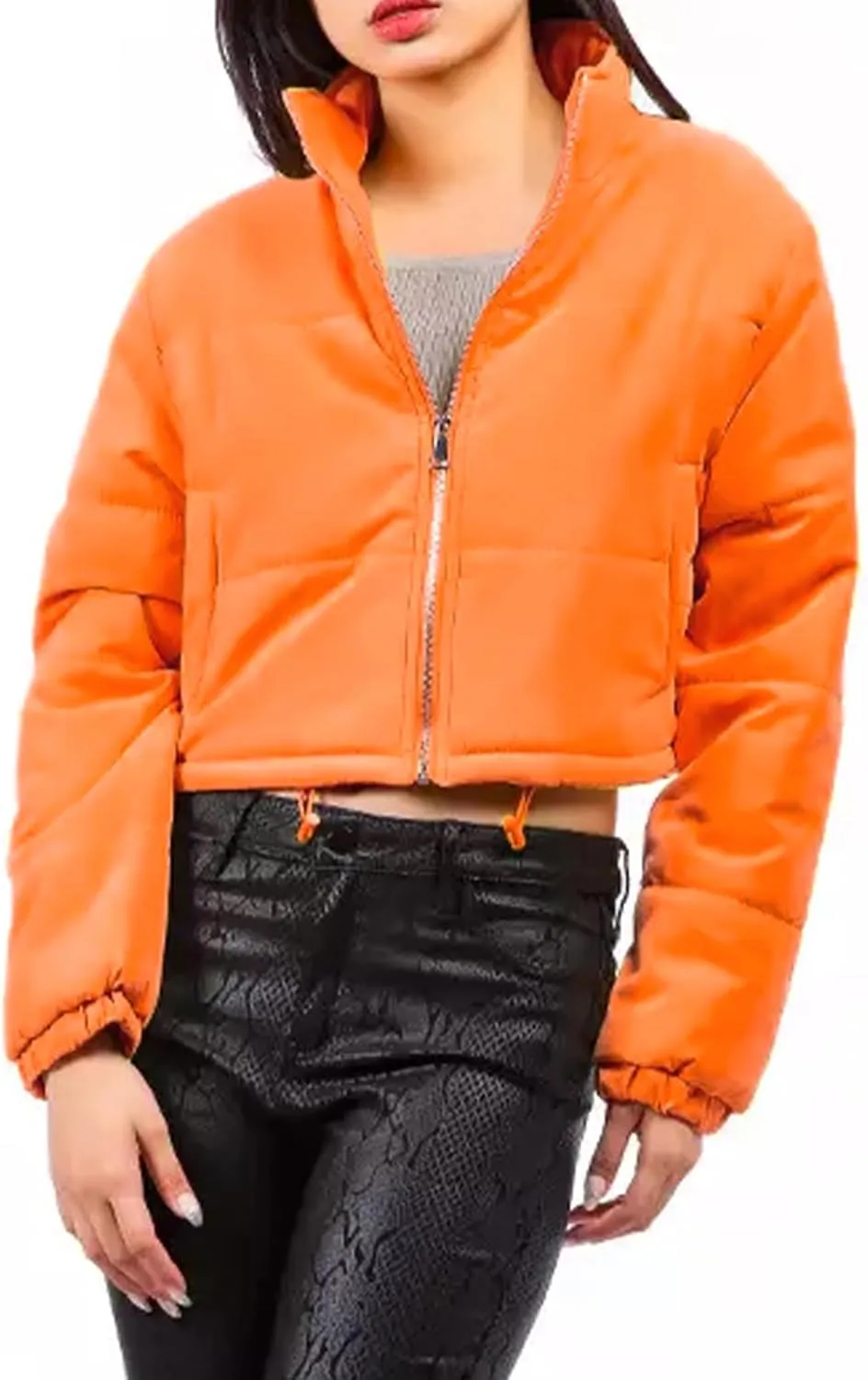 Women's Crop Puffer Jacket Long Sleeve Puffy Coat Stand Collar Zip UP Quilted Padded Drawstring Outwear with Pockets