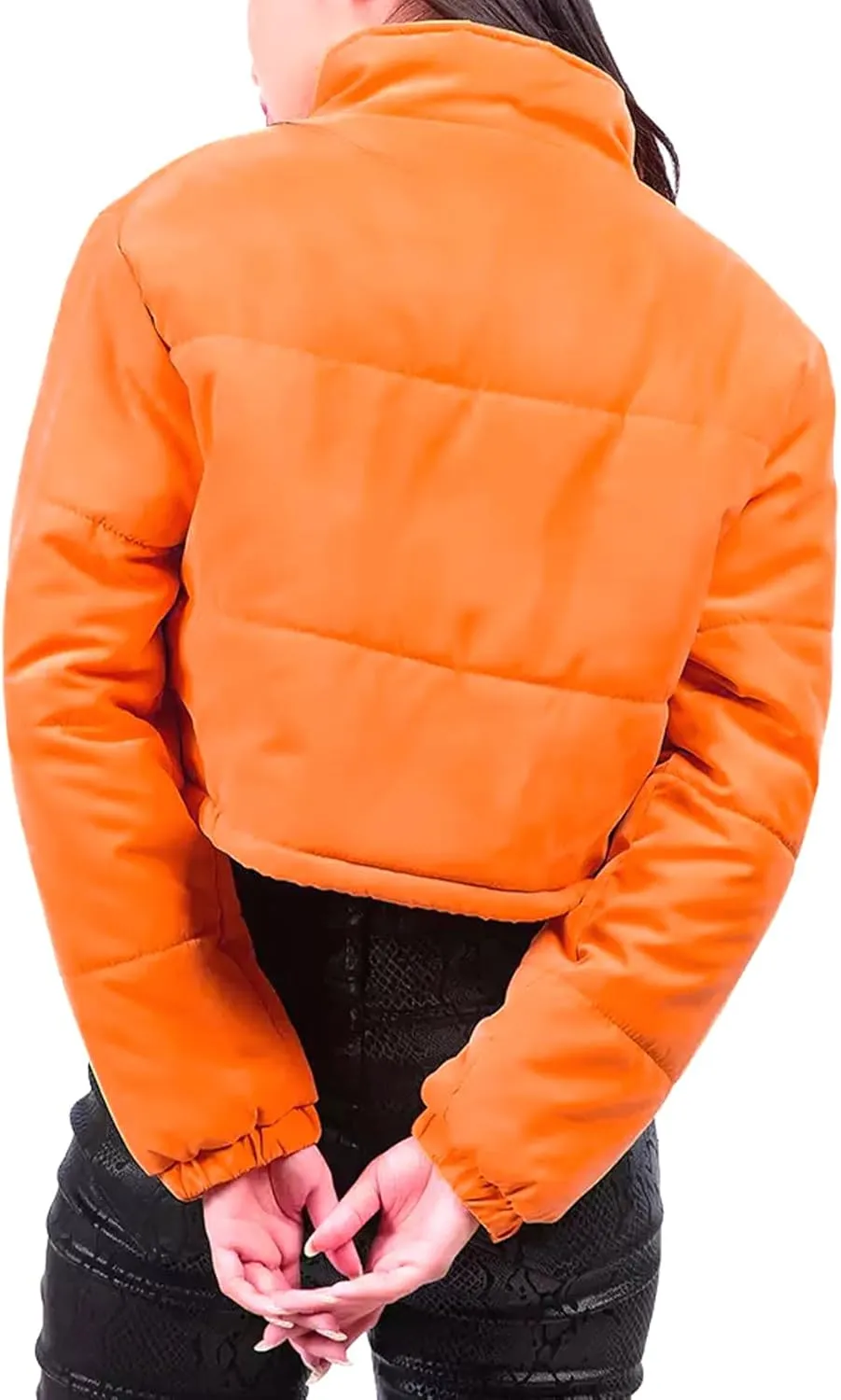 Women's Crop Puffer Jacket Long Sleeve Puffy Coat Stand Collar Zip UP Quilted Padded Drawstring Outwear with Pockets