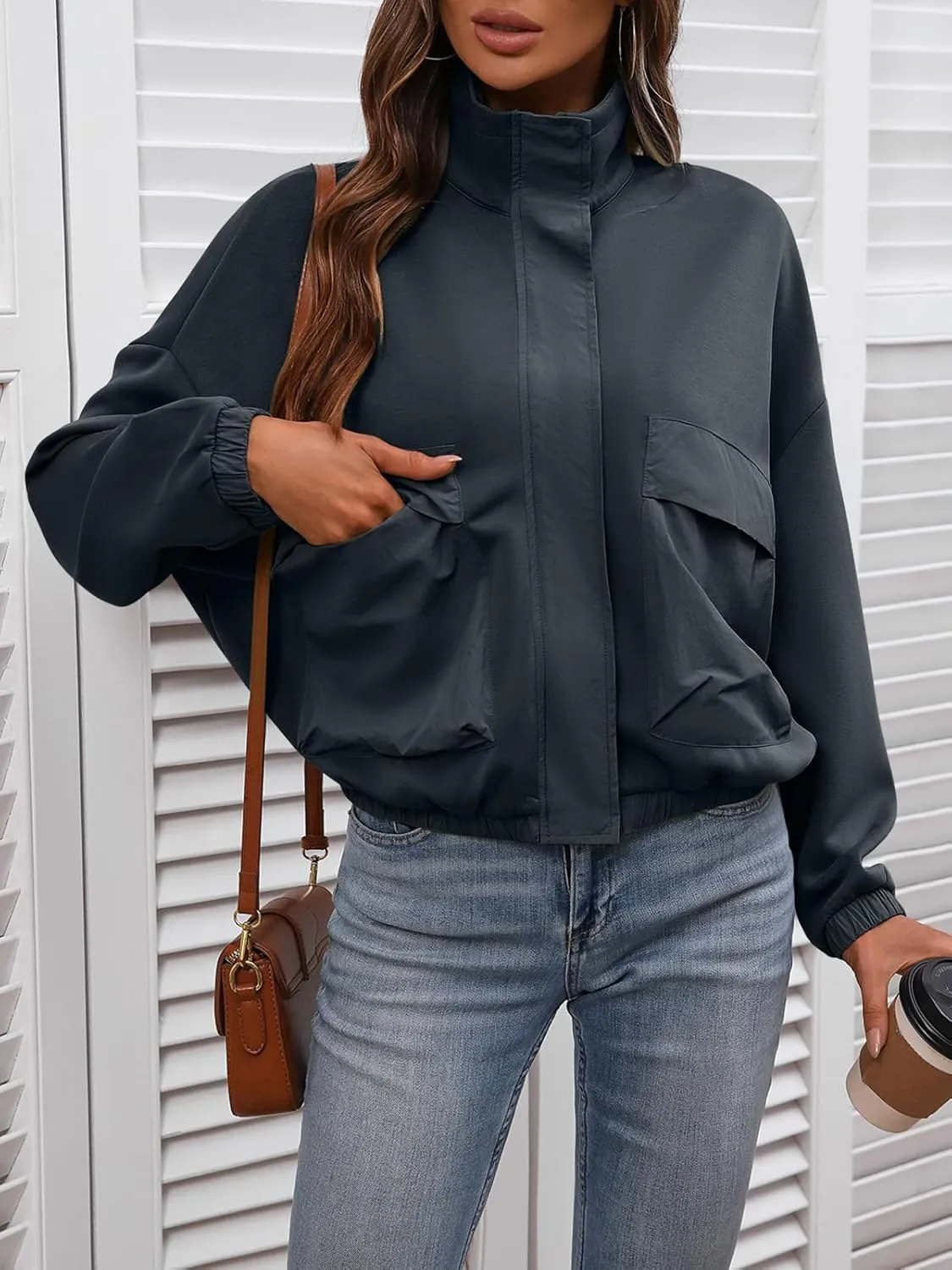 Women's Cropped Oversized Safari Jackets Zip Up Stand Collar Neck Long Sleeve Utility Anorak jacket with Pocket