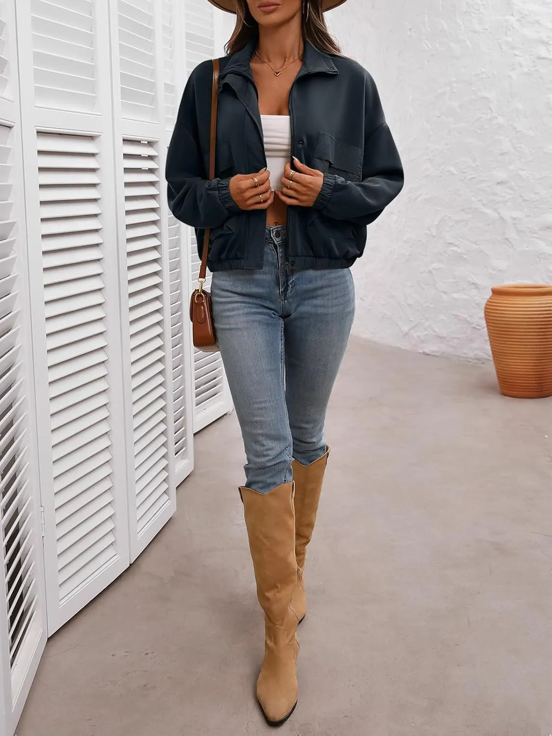 Women's Cropped Oversized Safari Jackets Zip Up Stand Collar Neck Long Sleeve Utility Anorak jacket with Pocket