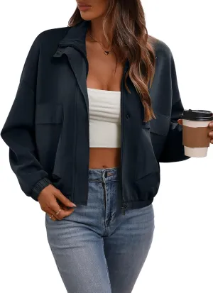 Women's Cropped Oversized Safari Jackets Zip Up Stand Collar Neck Long Sleeve Utility Anorak jacket with Pocket