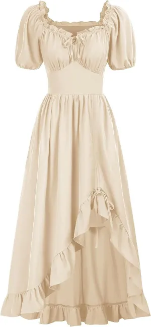 Women's Cute Puff Sleeve Dress Solid Floral Ruched Ruffle Hem Vintage Square Neck Dresses A-Line Elegant Midi Dress