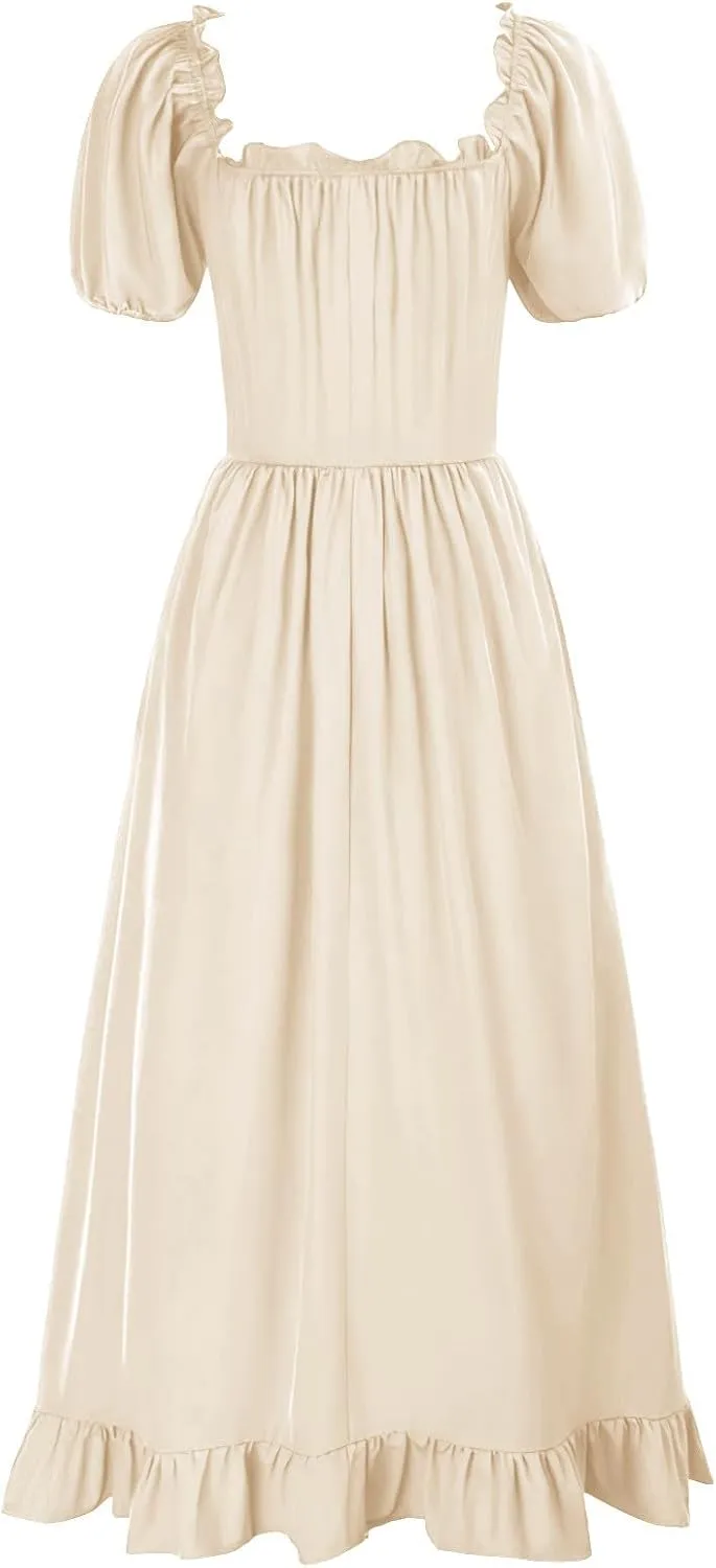 Women's Cute Puff Sleeve Dress Solid Floral Ruched Ruffle Hem Vintage Square Neck Dresses A-Line Elegant Midi Dress