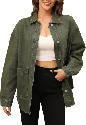 Women's Denim Jacket Oversize Long Sleeve Button Down Shirt Boyfriend Jeans Shacket Jacket Coat with Pocket