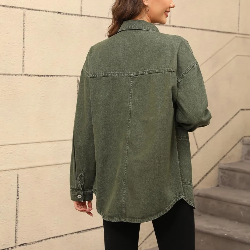 Women's Denim Jacket Oversize Long Sleeve Button Down Shirt Boyfriend Jeans Shacket Jacket Coat with Pocket