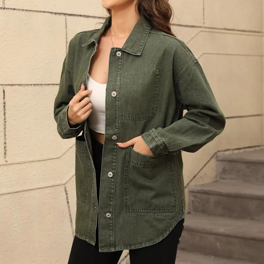 Women's Denim Jacket Oversize Long Sleeve Button Down Shirt Boyfriend Jeans Shacket Jacket Coat with Pocket