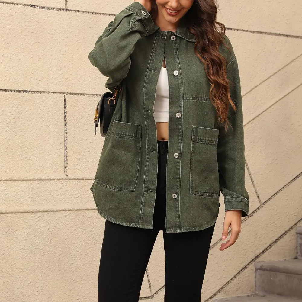 Women's Denim Jacket Oversize Long Sleeve Button Down Shirt Boyfriend Jeans Shacket Jacket Coat with Pocket