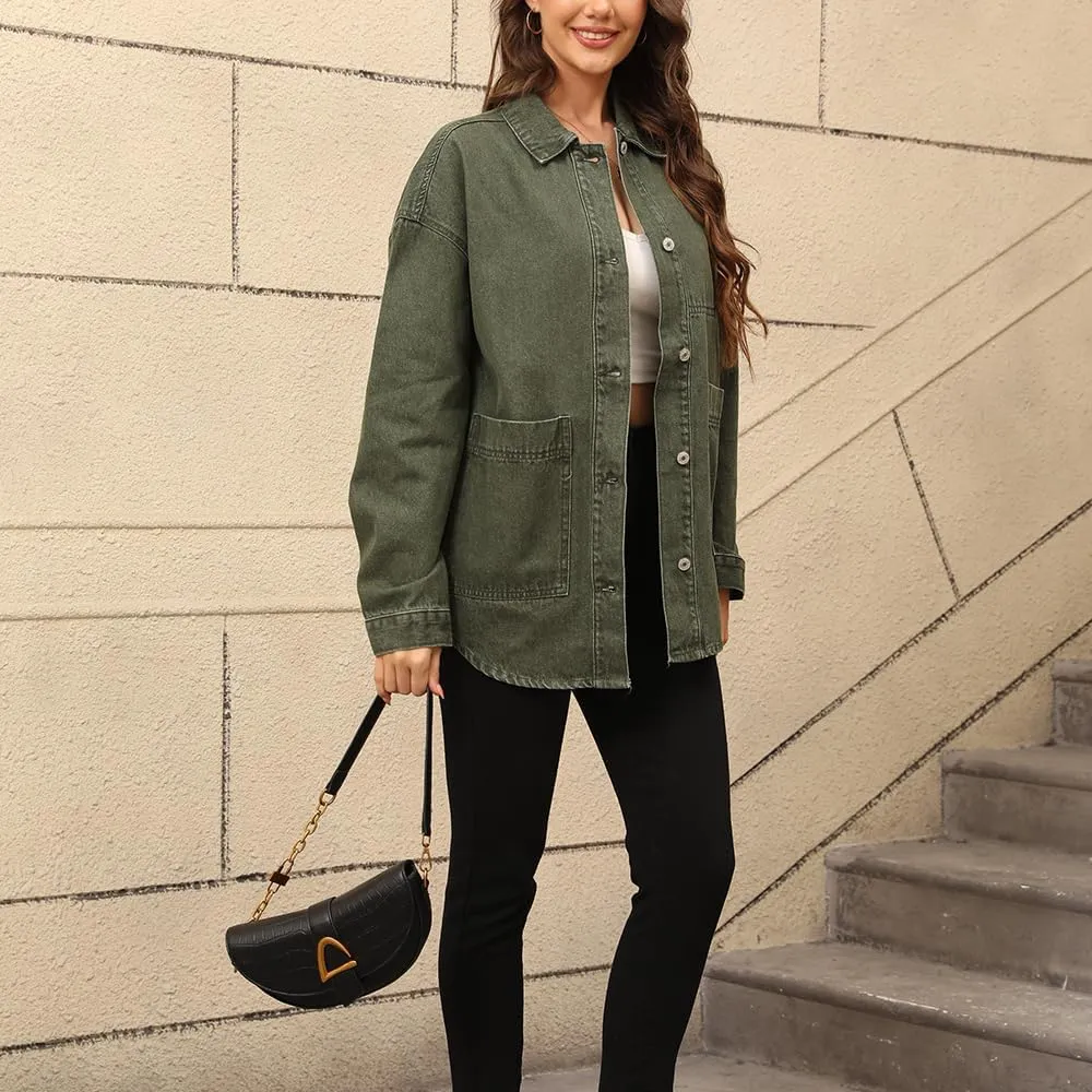 Women's Denim Jacket Oversize Long Sleeve Button Down Shirt Boyfriend Jeans Shacket Jacket Coat with Pocket