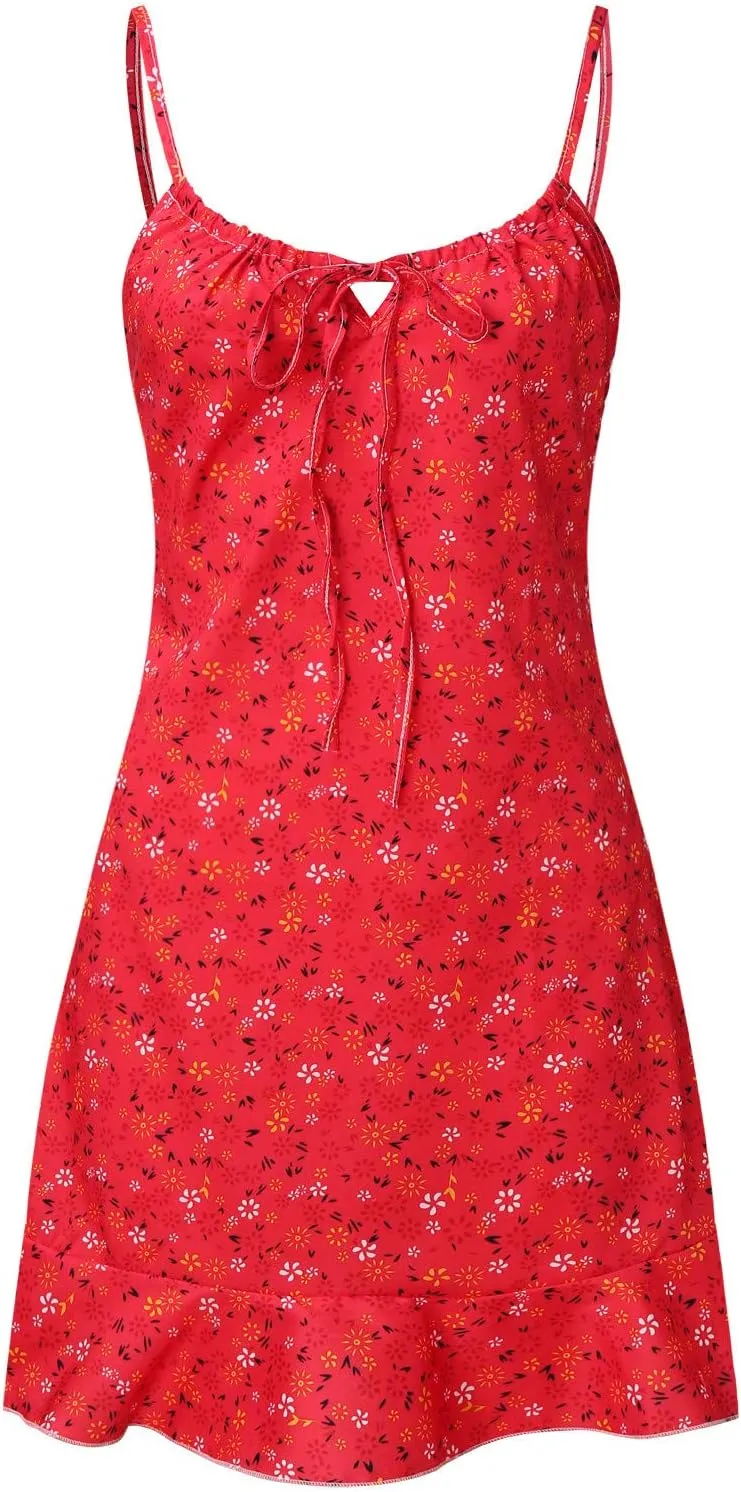 Women's Ditsy Floral Ruched Cami Mini Dress Spaghetti Strap Pencil Dress Smocked Ruffle Tie Front Boho Short Dresses