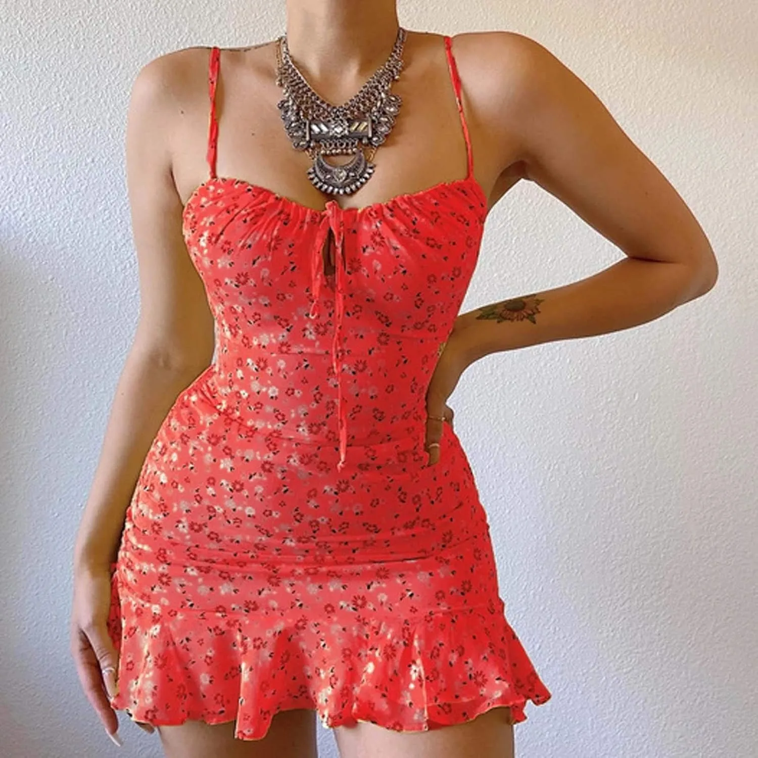Women's Ditsy Floral Ruched Cami Mini Dress Spaghetti Strap Pencil Dress Smocked Ruffle Tie Front Boho Short Dresses