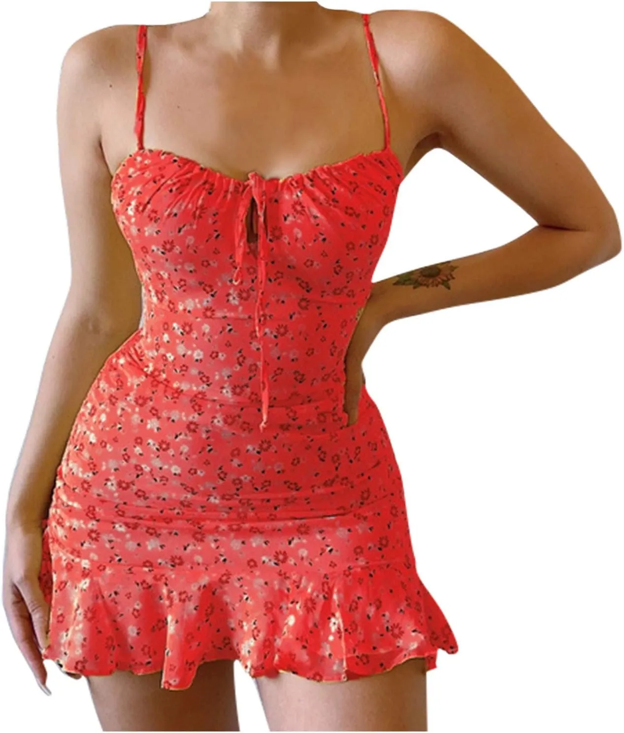 Women's Ditsy Floral Ruched Cami Mini Dress Spaghetti Strap Pencil Dress Smocked Ruffle Tie Front Boho Short Dresses
