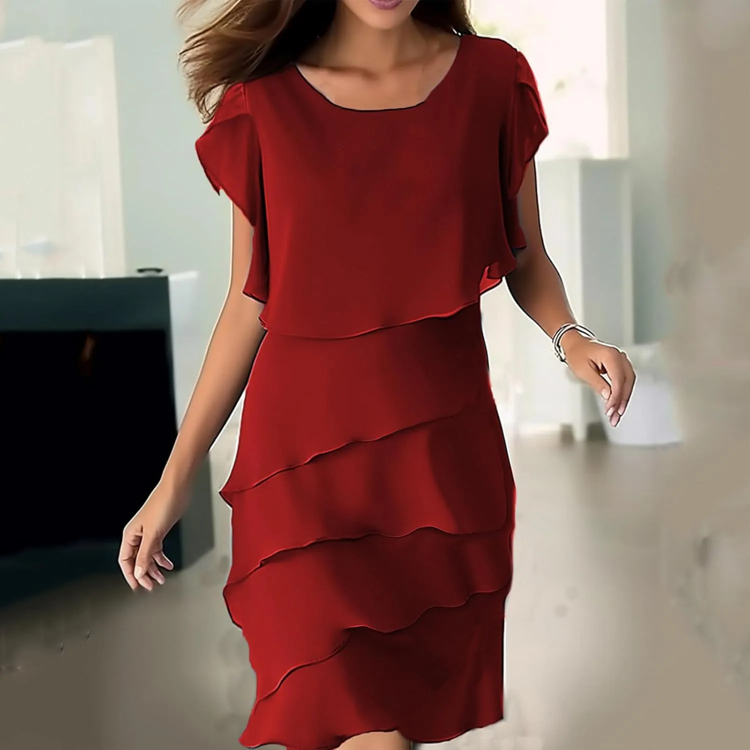 Women's Dresses Fashion Layered Ruffle Wedding Guest Dress Plus Size Round Neck 2025 Trendy Summer Dresses M-5XL