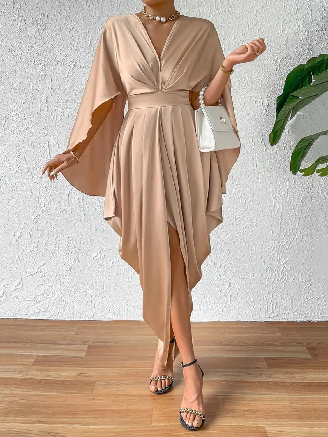 Women's Dresses Solid Cloak Sleeve Asymmetrical Hem Dress Dress for Women(Large)