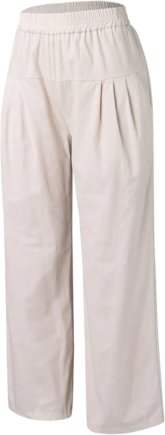 Womens Elastic High Waist Pants Casual Loose Pleated Wide Leg Cotton Linen Solid Color Pants Summer Beach Boho Yoga Trousers