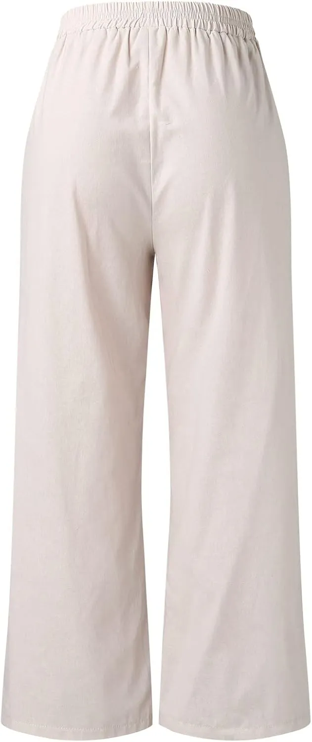 Womens Elastic High Waist Pants Casual Loose Pleated Wide Leg Cotton Linen Solid Color Pants Summer Beach Boho Yoga Trousers