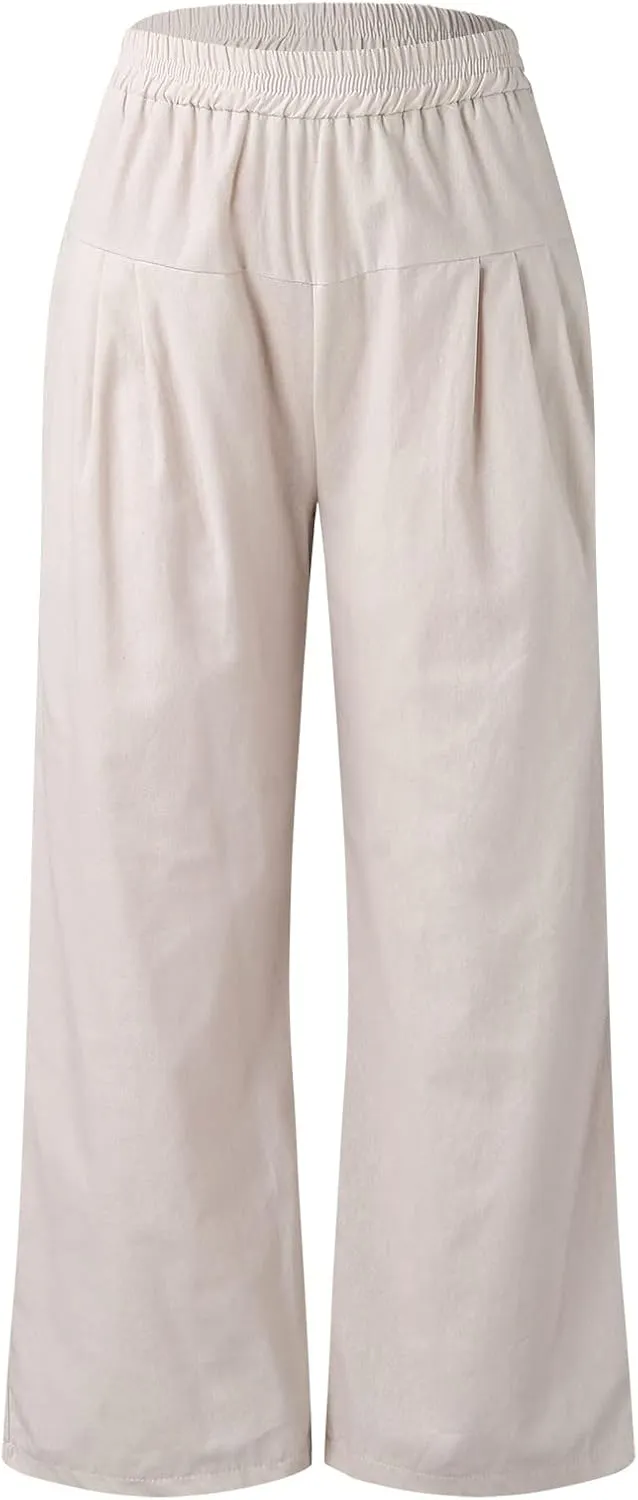 Womens Elastic High Waist Pants Casual Loose Pleated Wide Leg Cotton Linen Solid Color Pants Summer Beach Boho Yoga Trousers
