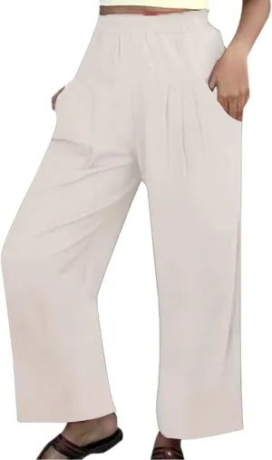Womens Elastic High Waist Pants Casual Loose Pleated Wide Leg Cotton Linen Solid Color Pants Summer Beach Boho Yoga Trousers