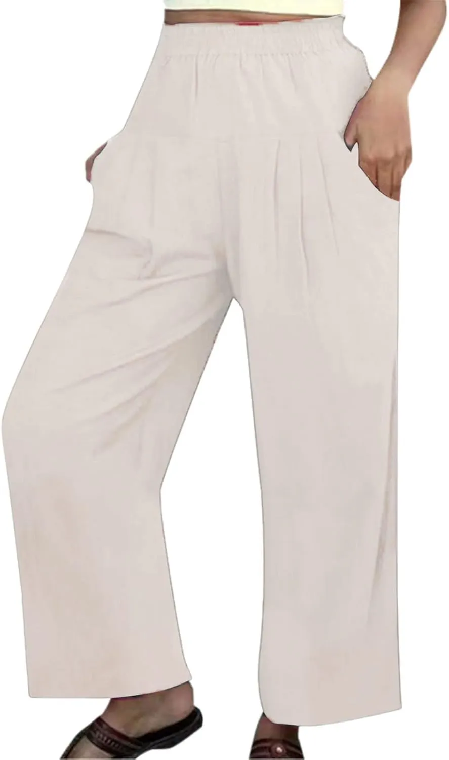 Womens Elastic High Waist Pants Casual Loose Pleated Wide Leg Cotton Linen Solid Color Pants Summer Beach Boho Yoga Trousers
