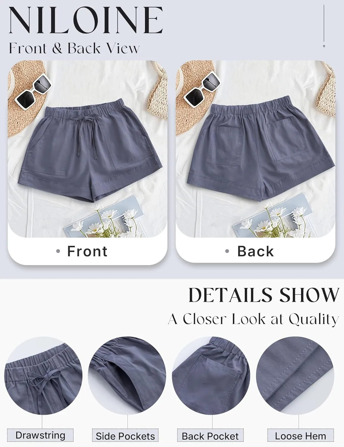 Womens Elastic Waist Drawstring Shorts Summer Lightweight Beach Shorts Comfy Casual Short Pants with Pockets