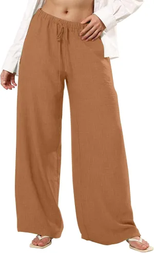 Women's Fashion Casual Solid Wide Leg Pants Drawstring Elastic Low Waist Sports Cotton Linen Trousers with Pockets