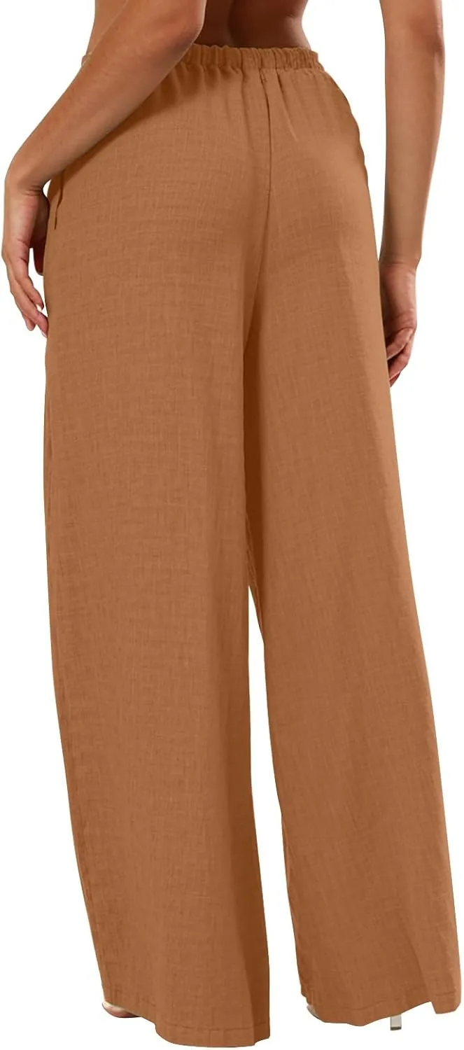 Women's Fashion Casual Solid Wide Leg Pants Drawstring Elastic Low Waist Sports Cotton Linen Trousers with Pockets