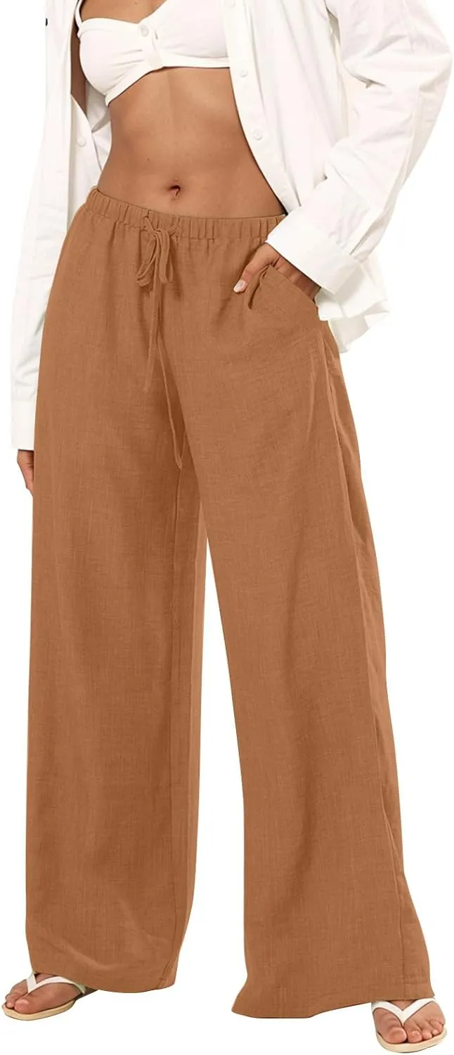 Women's Fashion Casual Solid Wide Leg Pants Drawstring Elastic Low Waist Sports Cotton Linen Trousers with Pockets