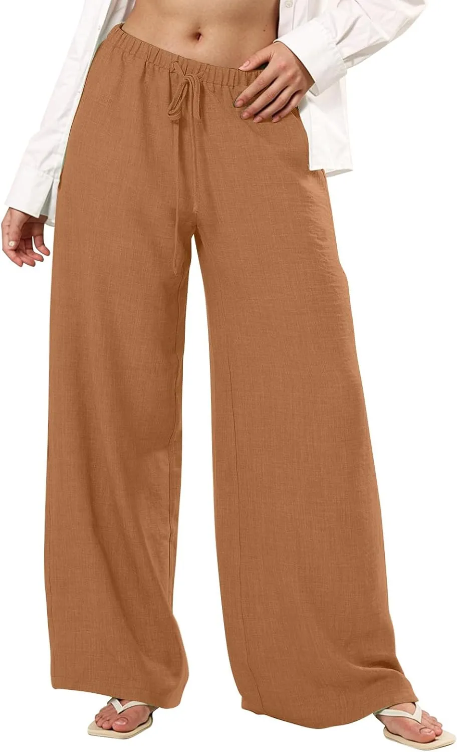 Women's Fashion Casual Solid Wide Leg Pants Drawstring Elastic Low Waist Sports Cotton Linen Trousers with Pockets