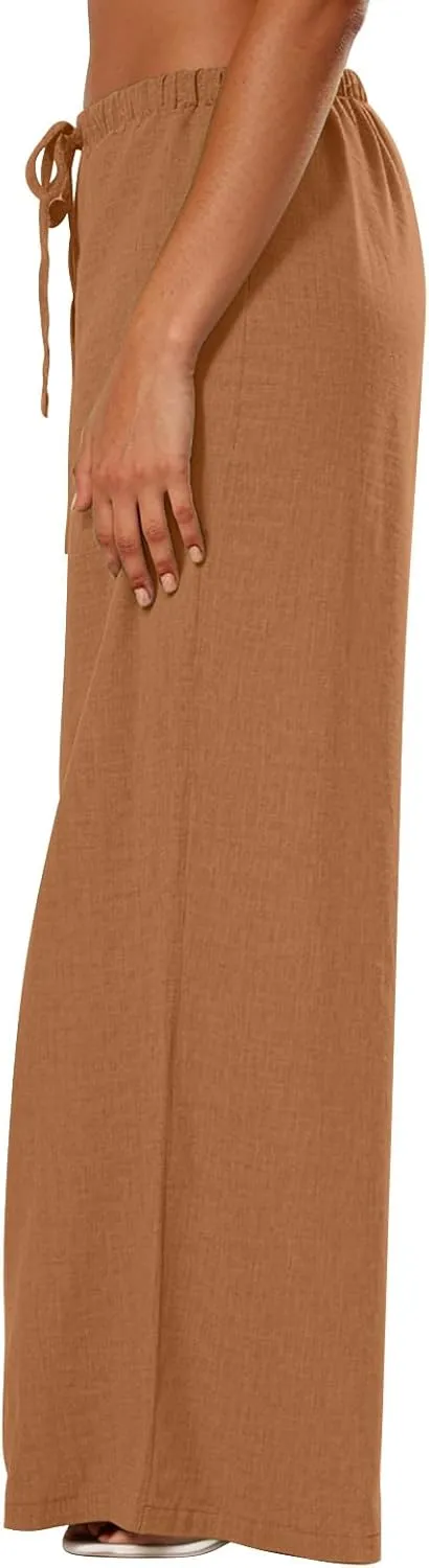 Women's Fashion Casual Solid Wide Leg Pants Drawstring Elastic Low Waist Sports Cotton Linen Trousers with Pockets