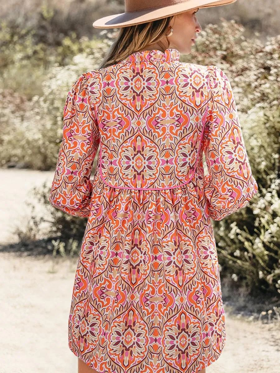 Women's Fashion Print Mini Dress Long Sleeve Ruffle Trim V Neck Dresses Casual Bohemian Floral Short Beach Sundress