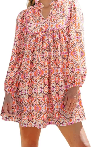 Women's Fashion Print Mini Dress Long Sleeve Ruffle Trim V Neck Dresses Casual Bohemian Floral Short Beach Sundress