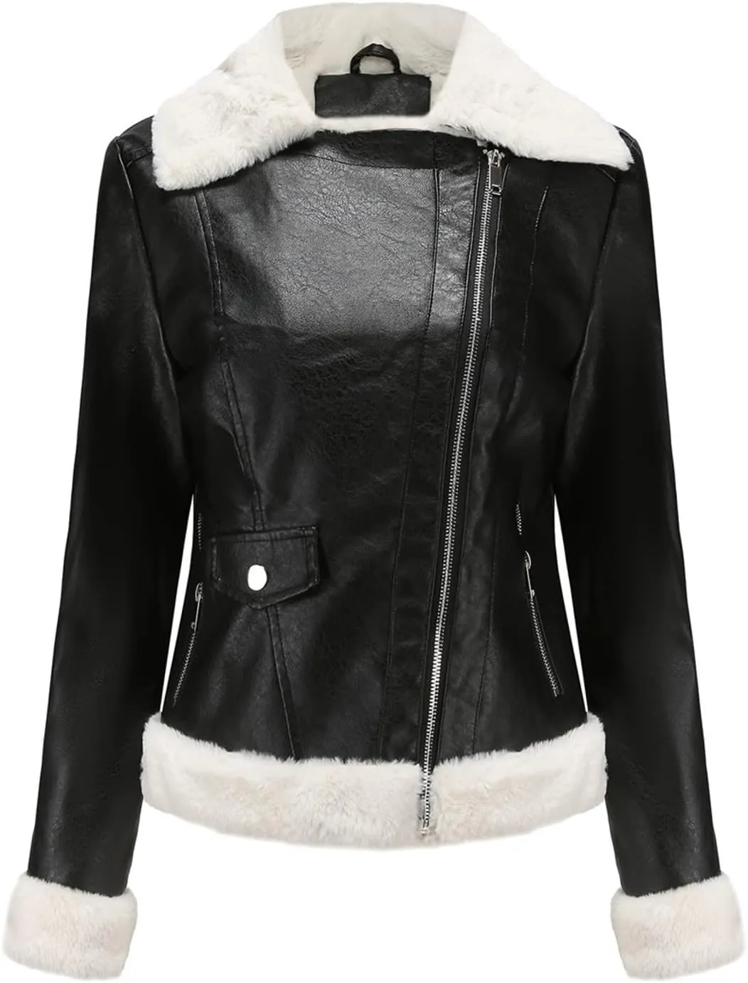 Women's Faux Shearing Moto Jacket Thick Fleece Lined Parka Winter Coat Lapel Sherpa Motorcycle Biker Leather Jacket
