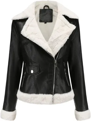 Women's Faux Shearing Moto Jacket Thick Fleece Lined Parka Winter Coat Lapel Sherpa Motorcycle Biker Leather Jacket