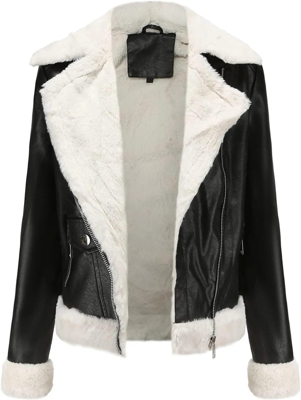 Women's Faux Shearing Moto Jacket Thick Fleece Lined Parka Winter Coat Lapel Sherpa Motorcycle Biker Leather Jacket
