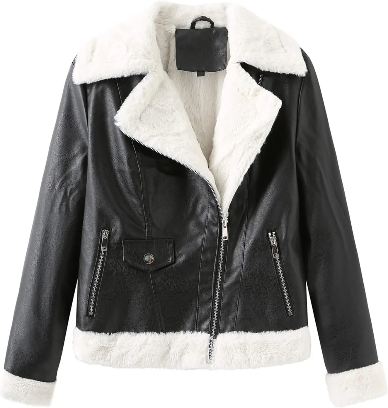 Women's Faux Shearing Moto Jacket Thick Fleece Lined Parka Winter Coat Lapel Sherpa Motorcycle Biker Leather Jacket