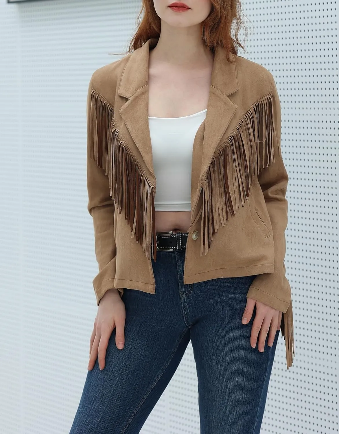 Women's Faux Suede Tassel Cropped Jacket Casual Long Sleeve Open Front Fringe Motorcycle Biker Jacket Coat Tops