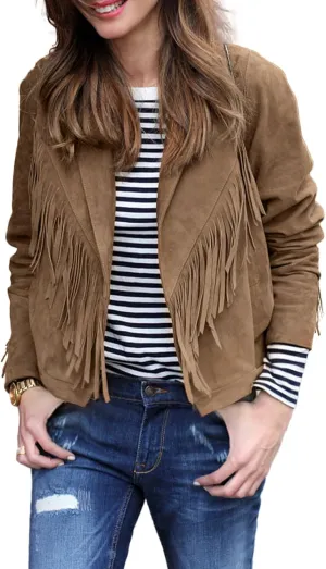 Women's Faux Suede Tassel Cropped Jacket Casual Long Sleeve Open Front Fringe Motorcycle Biker Jacket Coat Tops