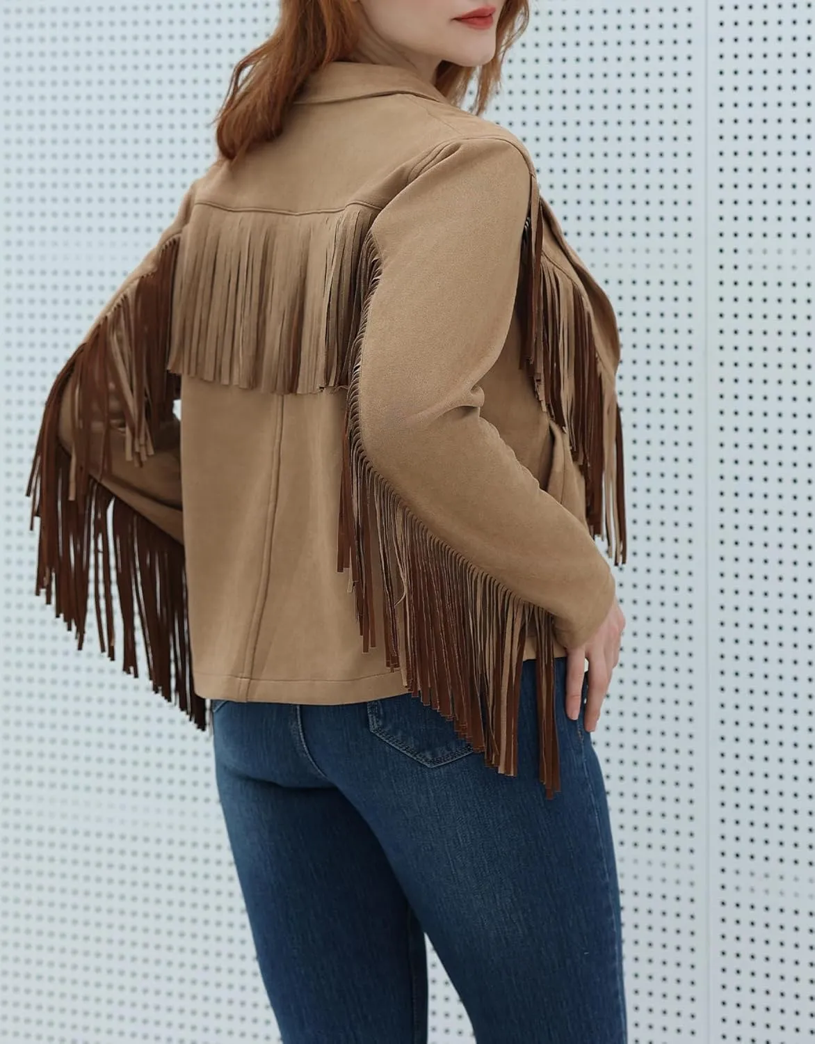 Women's Faux Suede Tassel Cropped Jacket Casual Long Sleeve Open Front Fringe Motorcycle Biker Jacket Coat Tops