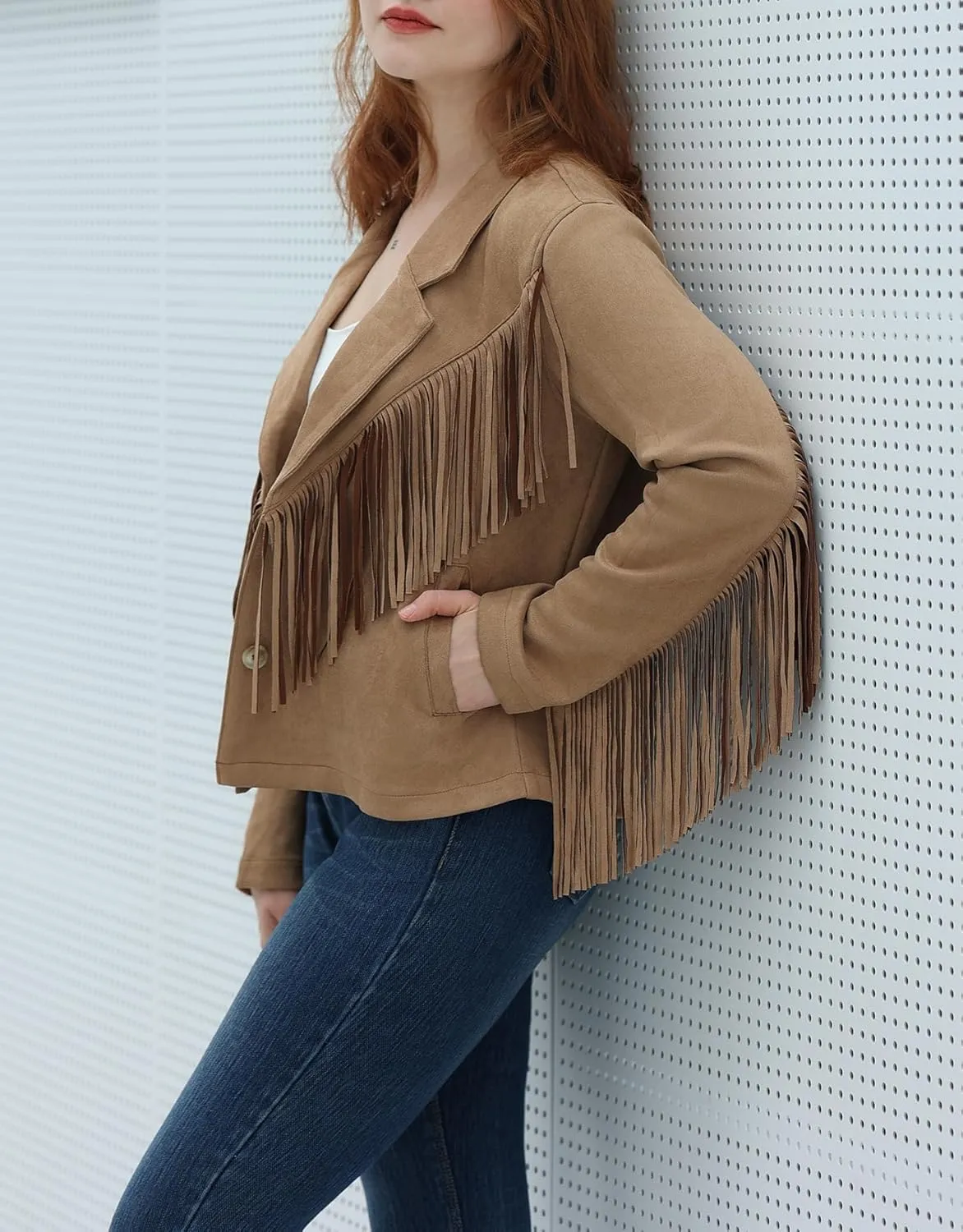 Women's Faux Suede Tassel Cropped Jacket Casual Long Sleeve Open Front Fringe Motorcycle Biker Jacket Coat Tops