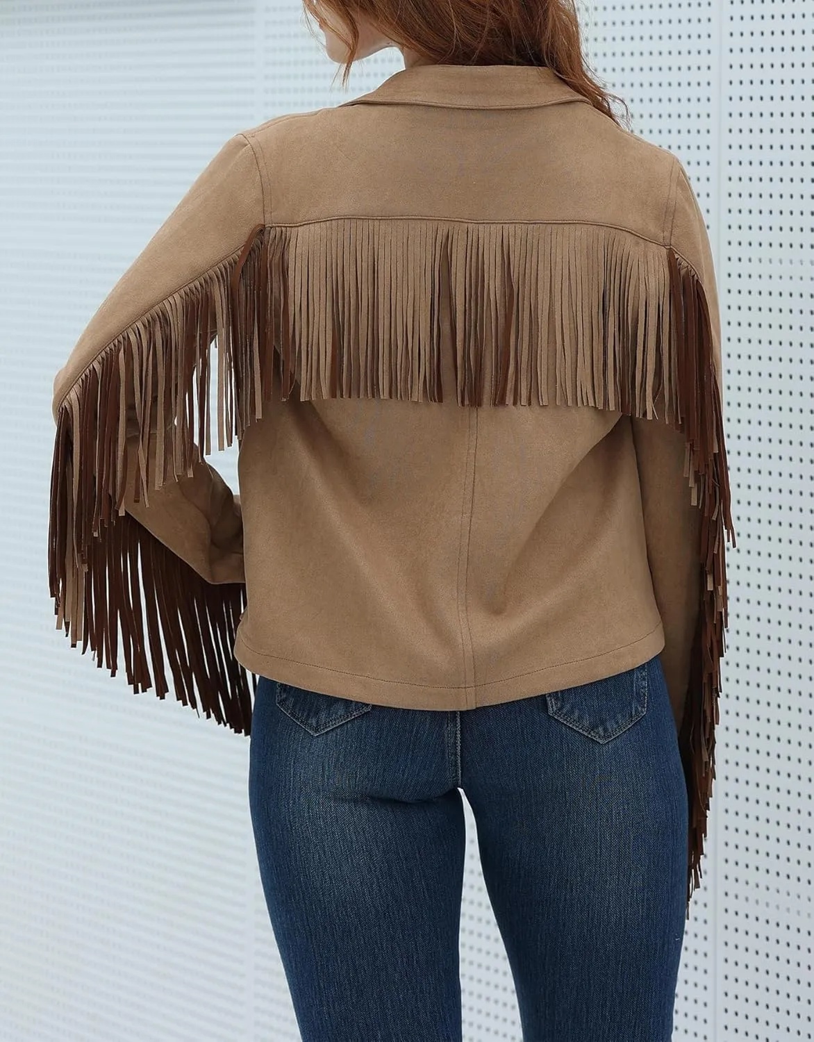 Women's Faux Suede Tassel Cropped Jacket Casual Long Sleeve Open Front Fringe Motorcycle Biker Jacket Coat Tops