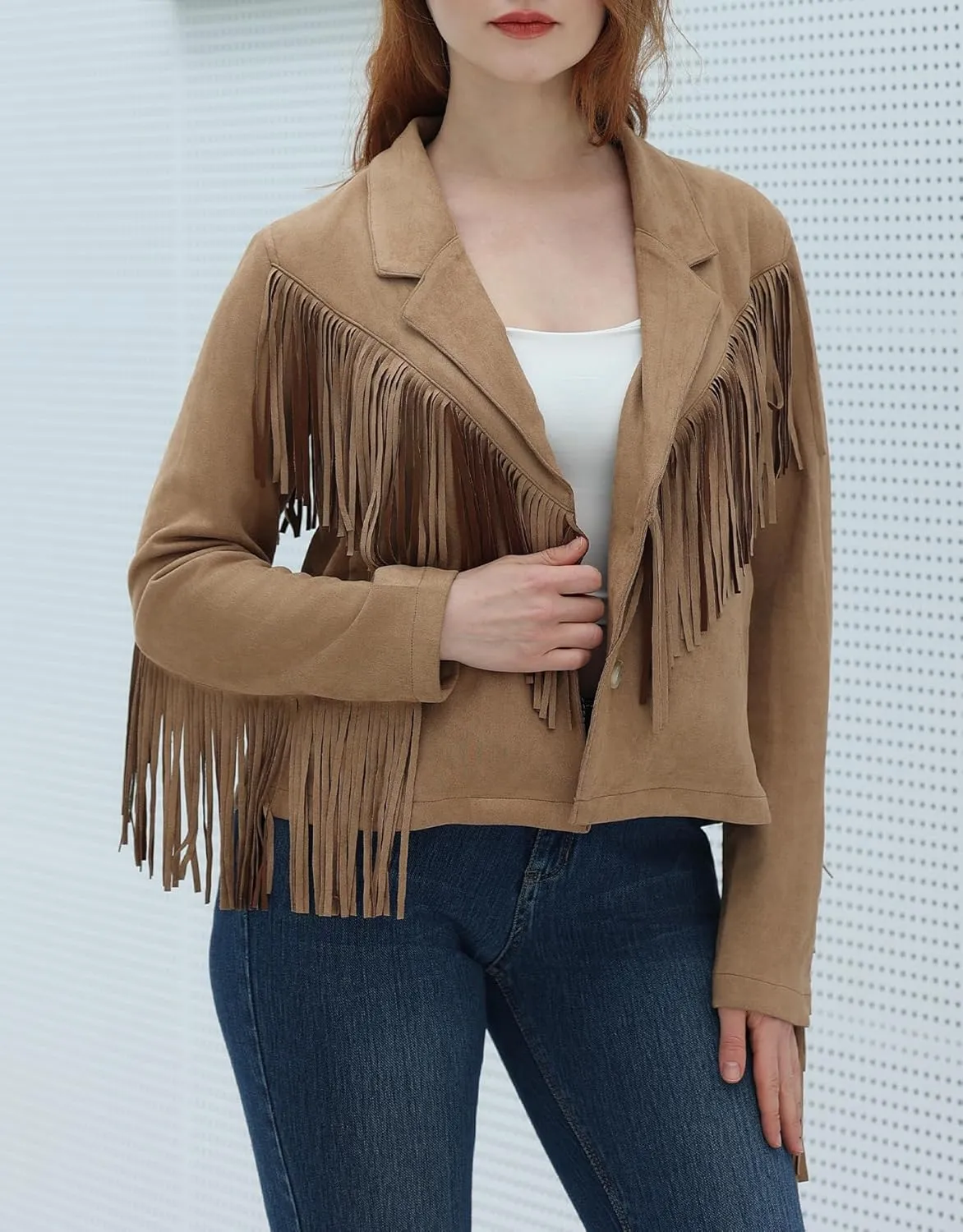 Women's Faux Suede Tassel Cropped Jacket Casual Long Sleeve Open Front Fringe Motorcycle Biker Jacket Coat Tops