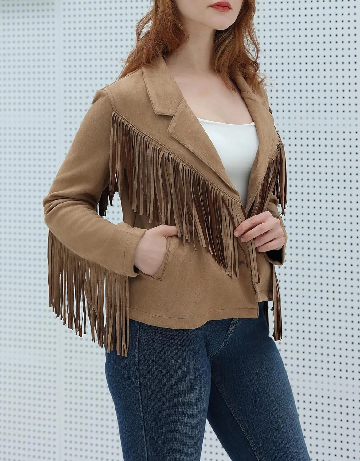 Women's Faux Suede Tassel Cropped Jacket Casual Long Sleeve Open Front Fringe Motorcycle Biker Jacket Coat Tops