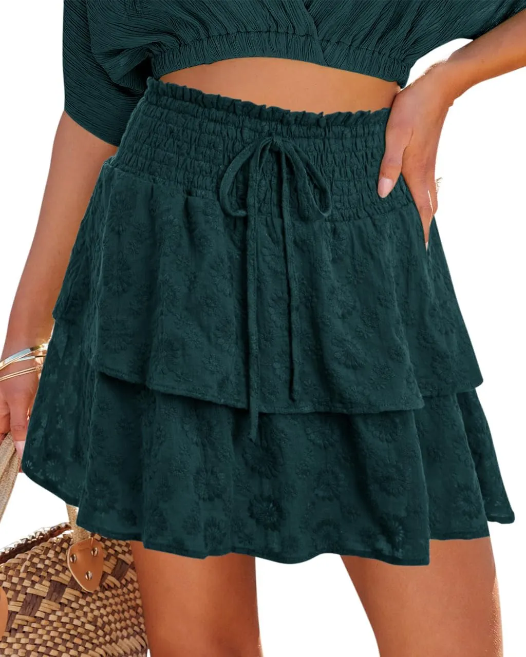Womens Flowy Shorts Casual Boho Ruffle Tiered Mini Skirts Crochet Lace High Waist Cute Cotton Butterfly Skorts Summer Trendy