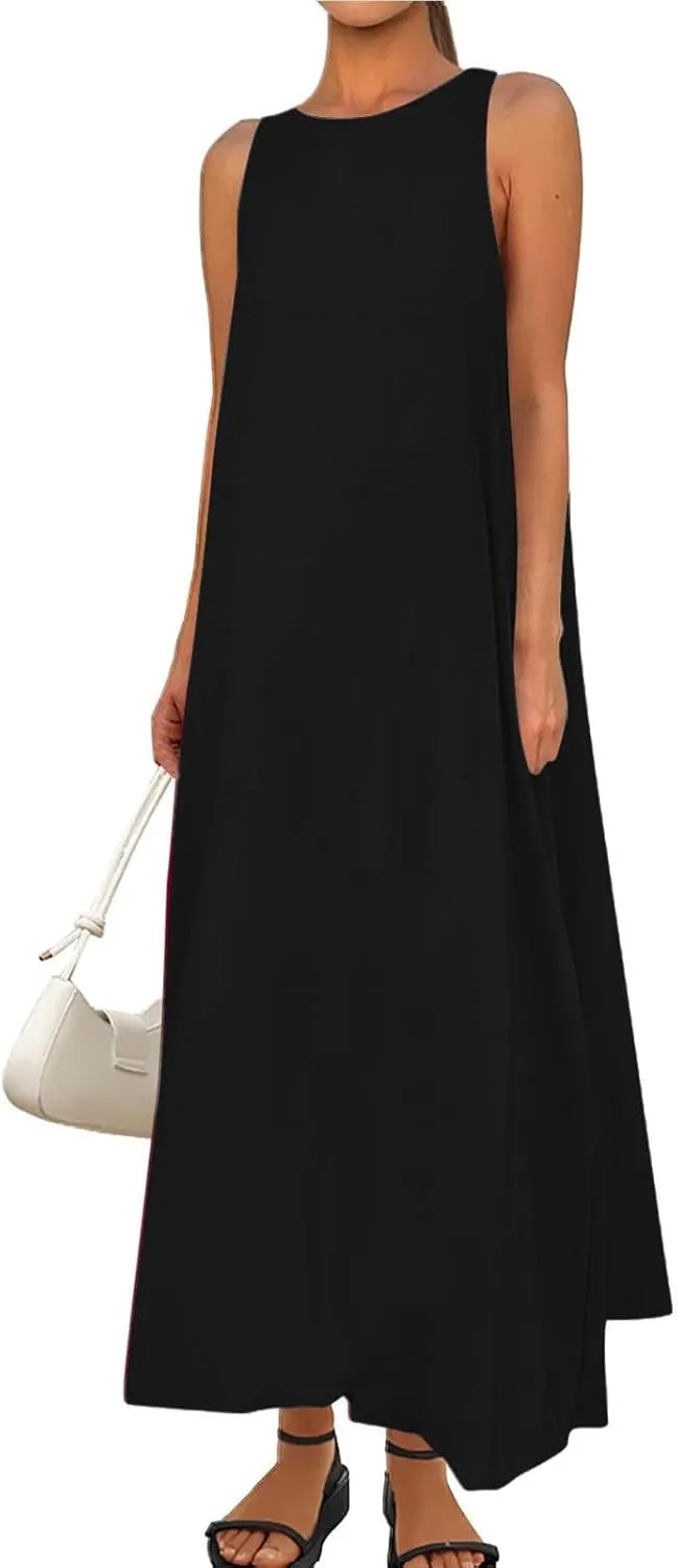Women's Flowy Summer Dresses 2025 Crew Neck Sleeveless Casual Loose Sundress Basic Beach Tank Maxi Dress with Pockets