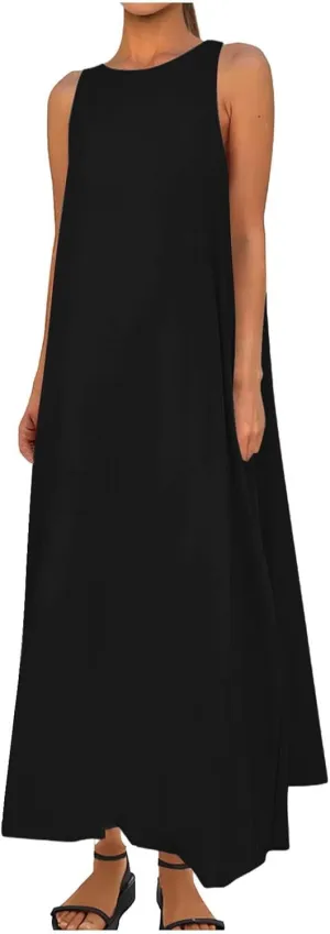 Women's Flowy Summer Dresses 2025 Crew Neck Sleeveless Casual Loose Sundress Basic Beach Tank Maxi Dress with Pockets